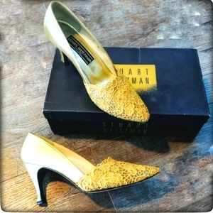 STUART WEITZMAN Gold Sheer Mesh Embroidered Pumps